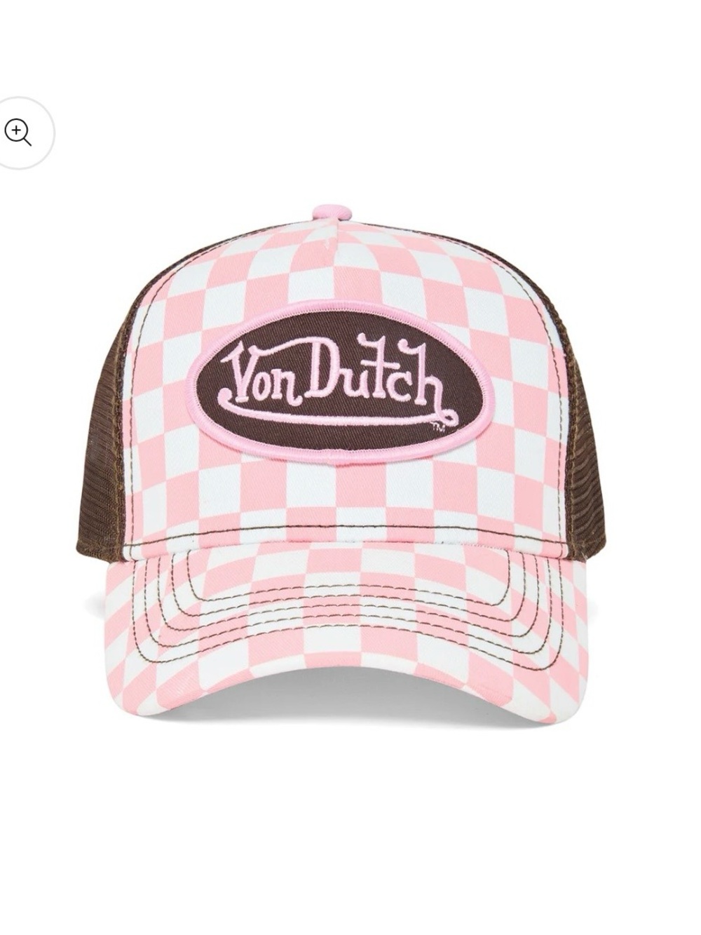 Von Dutch Pink & White Checkered Kids Trucker Hat with Brown Mesh